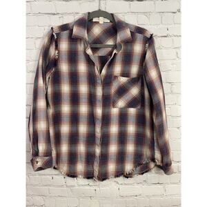 Cloth & Stone Red Blue White L/S Plaid Button Front Fray Raw Hem Blouse Small